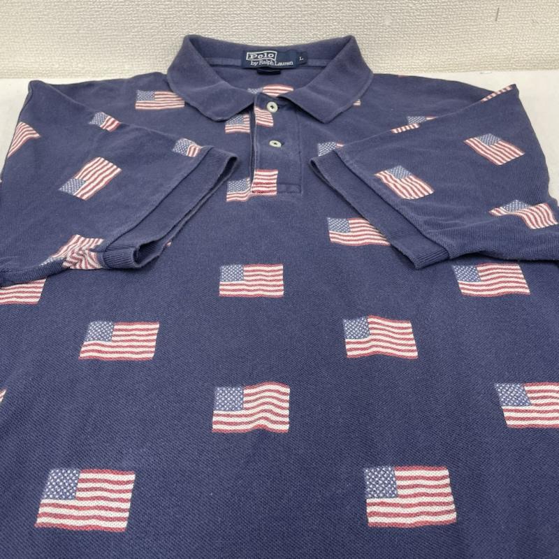 ポロバイラルフローレン Polo by RALPH LAUREN ポロシャツ 半袖 ヴィンテージ 90s 半袖 ポロシャツ ロゴ 星条旗 総柄 プリント ボタン L  X 総柄 X プリント 紺 / ネイビー / navy メンズ USED 古着 中古 50144518