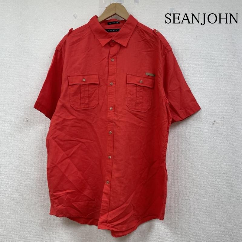 ショーンジョン SEANJOHN シャツ、ブラウス 半袖 半袖 ビッグシャツ ワーク Shirt デザインシャツ 胸ポケット ボタン ロゴ パッチ リネン混 麻 朱色 XXL ロゴ、文字 橙 / オレンジ / orange メンズ USED 古着 中古 50144634