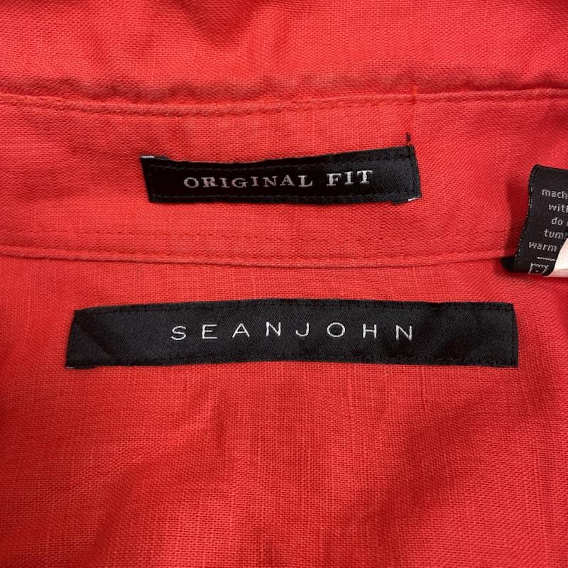 ショーンジョン SEANJOHN シャツ、ブラウス 半袖 半袖 ビッグシャツ ワーク Shirt デザインシャツ 胸ポケット ボタン ロゴ パッチ リネン混 麻 朱色 XXL ロゴ、文字 橙 / オレンジ / orange メンズ USED 古着 中古 50144634
