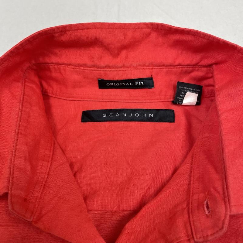 ショーンジョン SEANJOHN シャツ、ブラウス 半袖 半袖 ビッグシャツ ワーク Shirt デザインシャツ 胸ポケット ボタン ロゴ パッチ リネン混 麻 朱色 XXL ロゴ、文字 橙 / オレンジ / orange メンズ USED 古着 中古 50144634