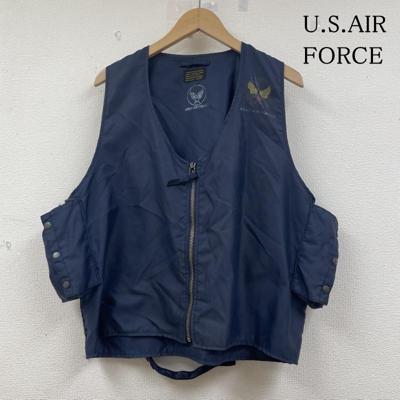 ユーエスエアフォース U.S.AIRFORCE ベスト ベスト ミリタリー レプリカ E-1 ラジオベスト 前開き フルジップアップ ベルト付き 復刻 L ロゴ、文字 X プリント 紺 / ネイビー / navy メンズ USED 古着 中古 50144988