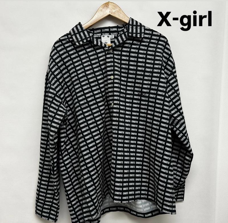 エックスガール X-girl シャツ、ブラウス 長袖 長袖シャツ 総柄 文字 CHAOTIC M ロゴ、文字 黒 / ブラック / black X 白 / ホワイト / white レディース USED 古着 中古 50145221