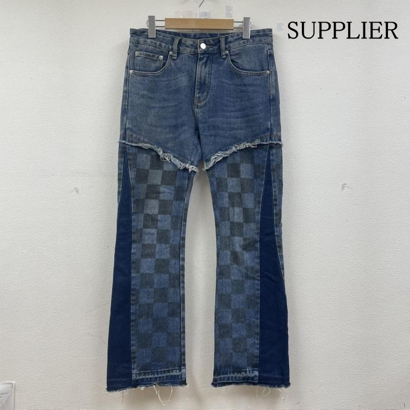 古着 USED パンツ デニム、ジーンズ SUPPLIER × SALUTE CHECKER DENIM チェッカー デニム フレア パンツ ジップフライ ロゴ パッチ M チェック X 無地 インディゴ / インディゴ / Indigo メンズ USED 古着 中古 50145267