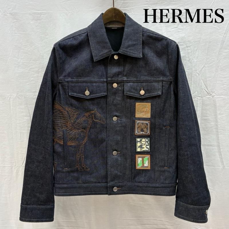 エルメス HERMES ジャケット、上着 ジャンパー、ブルゾン 23ss Icones au Carre Denim Jacket アイコン オ カレ デニム ジャケット イタリア製 50 ロゴ、文字 X 刺繍 インディゴ / インディゴ / Indigo メンズ USED 古着 中古 50145365