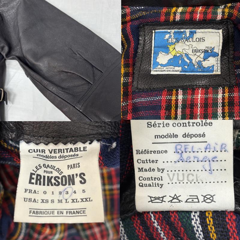 古着 USED ジャケット、上着 レザージャケット LES GAULOIS ERIKSON S フランス製 レザー ジャケット ハーフコート 裏チェック シボ革 L チェック 黒 / ブラック / black メンズ USED 古着 中古 50145967