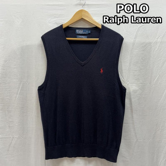 ポロバイラルフローレン Polo by RALPH LAUREN ベスト ベスト Vネック プルオーバー ニット ベスト コットン カシミヤ シルク ポニー刺繍 KR-RL-KA0830 L ワンポイント X ロゴ、文字 紺 / ネイビー / navy メンズ USED 古着 中古 50146017