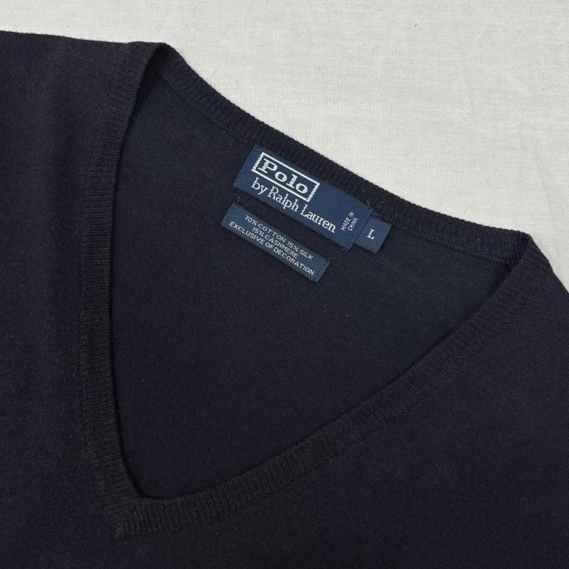 ポロバイラルフローレン Polo by RALPH LAUREN ベスト ベスト Vネック プルオーバー ニット ベスト コットン カシミヤ シルク ポニー刺繍 KR-RL-KA0830 L ワンポイント X ロゴ、文字 紺 / ネイビー / navy メンズ USED 古着 中古 50146017