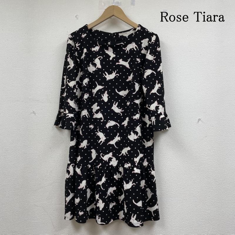 ローズティアラ Rose Tiara ワンピース ひざ丈スカート 大きいサイズ ワンピース ひざ丈 フレアスカート チュニック アニマル 犬 猫柄 ドット プリント フリル 背面ジップ 42 ドット X アニマル柄 X プリント 黒 / ブラック / black レディース USED 古着 中古 50146069
