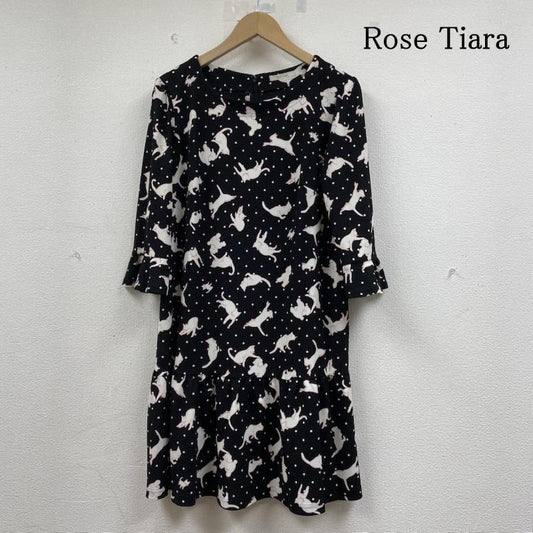 ローズティアラ Rose Tiara ワンピース ひざ丈スカート 大きいサイズ ワンピース ひざ丈 フレアスカート チュニック アニマル 犬 猫柄 ドット プリント フリル 背面ジップ 42 ドット X アニマル柄 X プリント 黒 / ブラック / black レディース USED 古着 中古 50146069