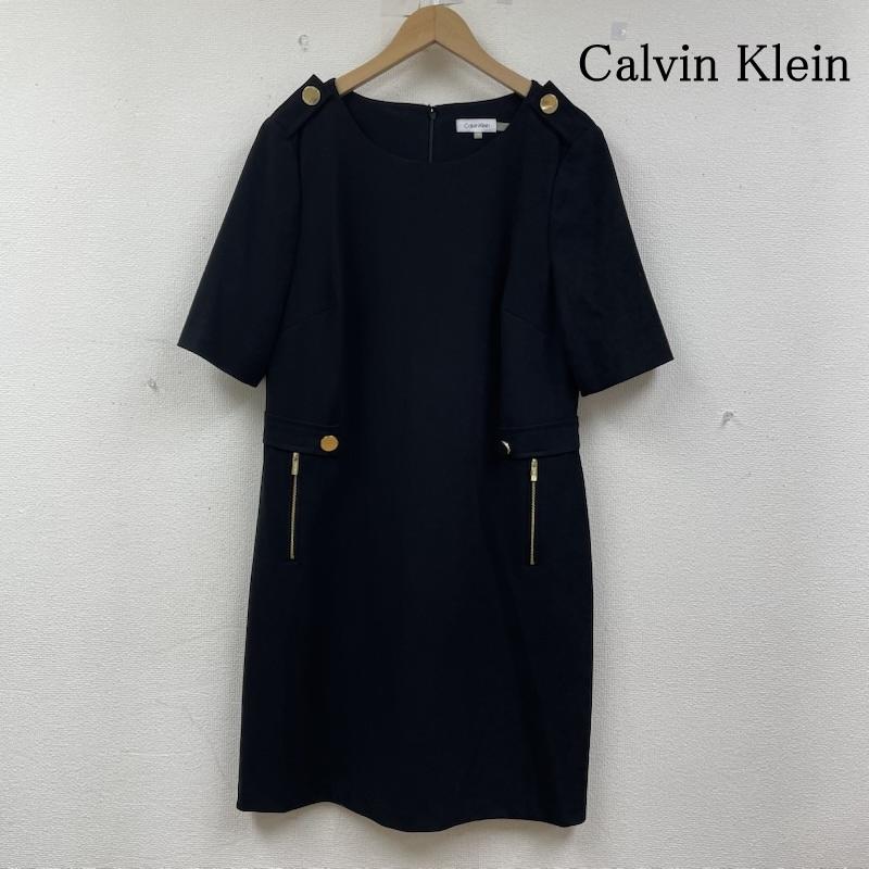 カルバン・クライン Calvin Klein ワンピース ひざ丈スカート 半袖 ワンピース タイト クレープ シフトドレス モノトーン 背面ジップ サイズ14 - 無地 黒 / ブラック / black レディース USED 古着 中古 50146099
