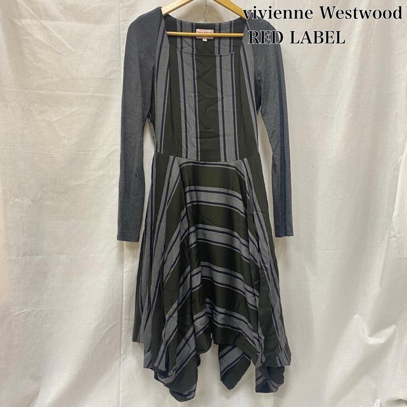 ヴィヴィアン ウエストウッド レッドレーベル Vivienne Westwood red label ワンピース ひざ丈スカート ストライプ 切り返し変形ワンピース グリーン×グレー SIZE:2 2 ストライプ 灰 / グレー / gray X 緑 / グリーン / green レディース USED 古着 中古 50146251