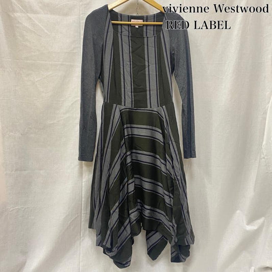 ヴィヴィアン ウエストウッド レッドレーベル Vivienne Westwood red label ワンピース ひざ丈スカート ストライプ 切り返し変形ワンピース グリーン×グレー SIZE:2 2 ストライプ 灰 / グレー / gray X 緑 / グリーン / green レディース USED 古着 中古 50146251