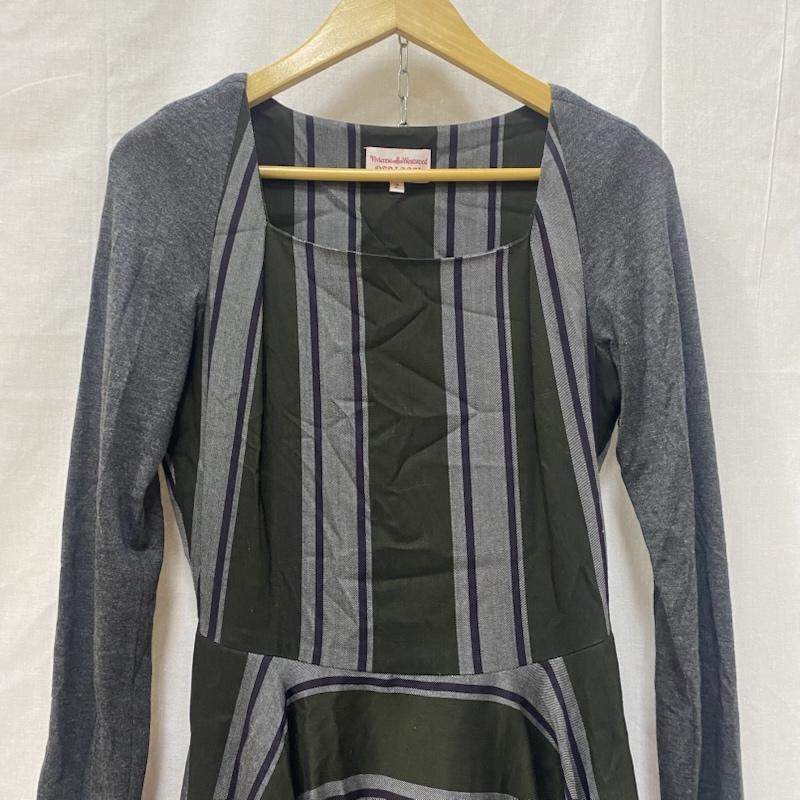 ヴィヴィアン ウエストウッド レッドレーベル Vivienne Westwood red label ワンピース ひざ丈スカート ストライプ 切り返し変形ワンピース グリーン×グレー SIZE:2 2 ストライプ 灰 / グレー / gray X 緑 / グリーン / green レディース USED 古着 中古 50146251