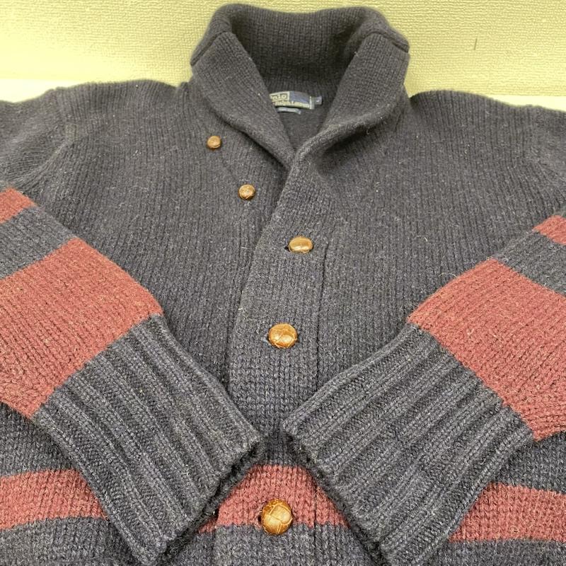 ポロバイラルフローレン Polo by RALPH LAUREN カーディガン 長袖 ショールカラー ニット カーディガン セーター ウール100% くるみボタン L ボーダー柄 紺 / ネイビー / navy X えんじ / ワインレッド / dark red メンズ USED 古着 中古 50146333