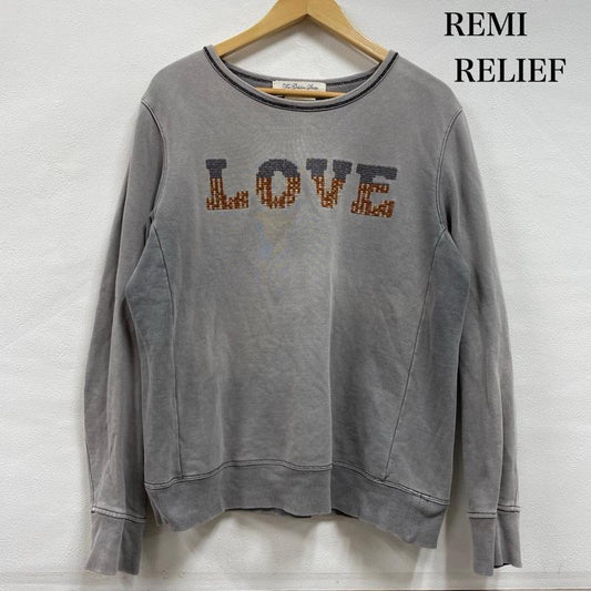 レミ レリーフ REMI RELIEF トレーナー 長袖 スウェット 刺繍 ロゴ トレーナー クルーネック ヴィンテージ加工 M ロゴ、文字 X 刺繍 灰 / グレー / gray メンズ USED 古着 中古 50146708