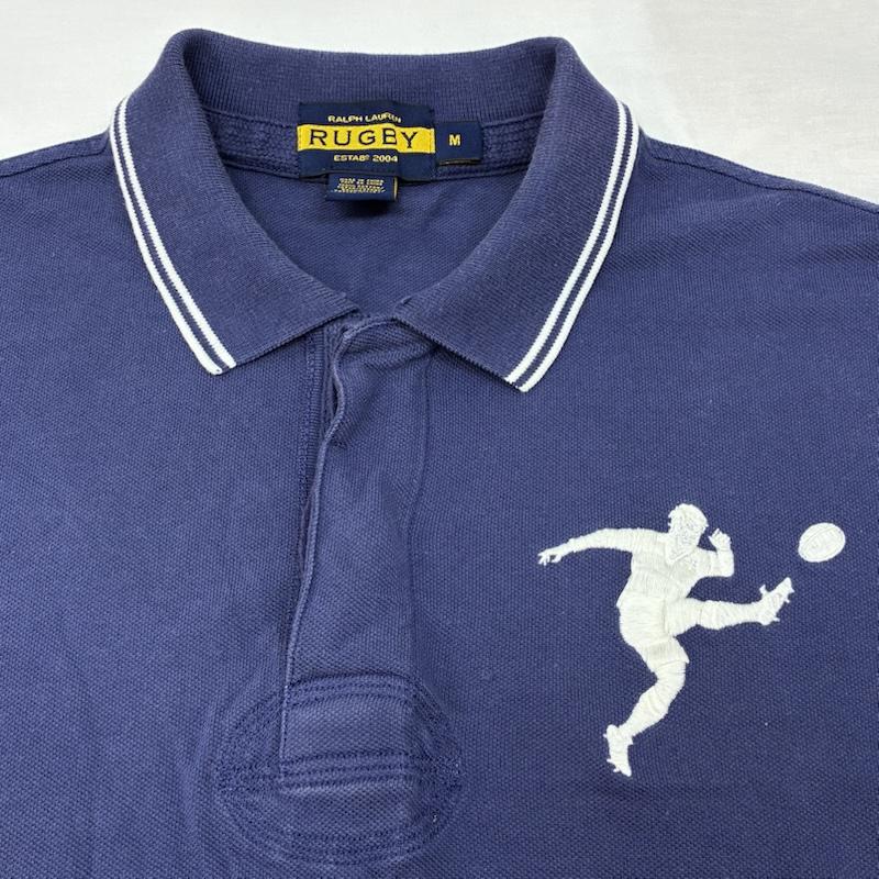 ラルフローレン ラグビー RALPH LAUREN RUGBY ポロシャツ 半袖 00s 鹿の子 ラガー 半袖 ポロシャツ リブライン ナンバリング 刺繍 M ロゴ、文字 X 刺繍 紺 / ネイビー / navy X 白 / ホワイト / white メンズ USED 古着 中古 50146979