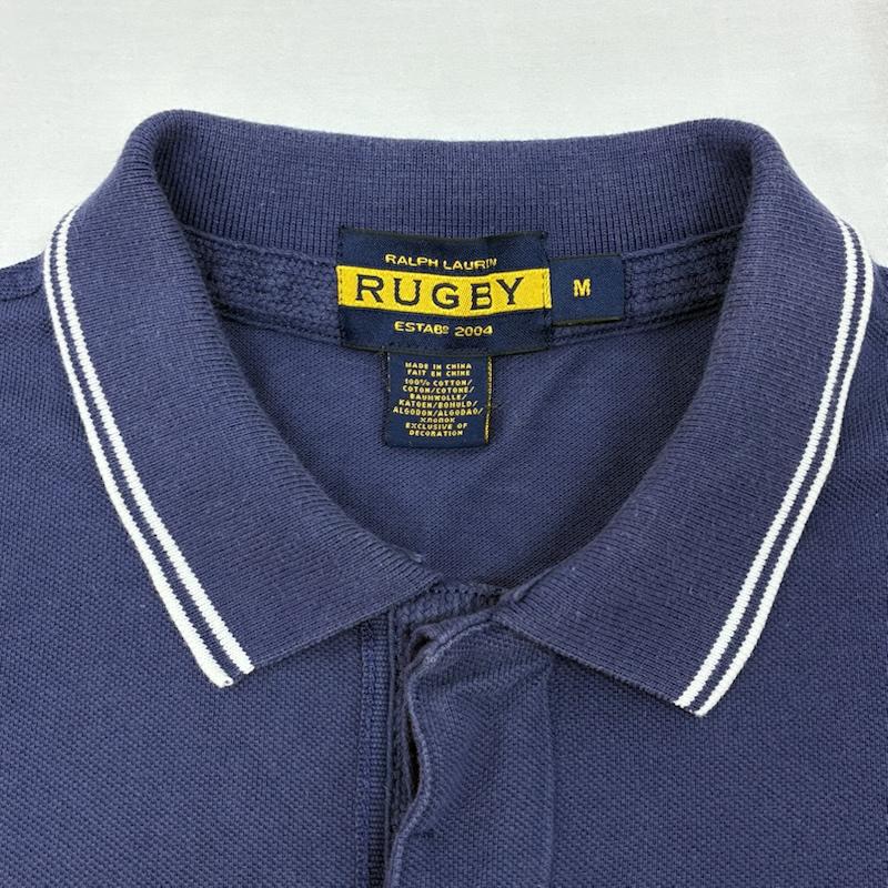 ラルフローレン ラグビー RALPH LAUREN RUGBY ポロシャツ 半袖 00s 鹿の子 ラガー 半袖 ポロシャツ リブライン ナンバリング 刺繍 M ロゴ、文字 X 刺繍 紺 / ネイビー / navy X 白 / ホワイト / white メンズ USED 古着 中古 50146979