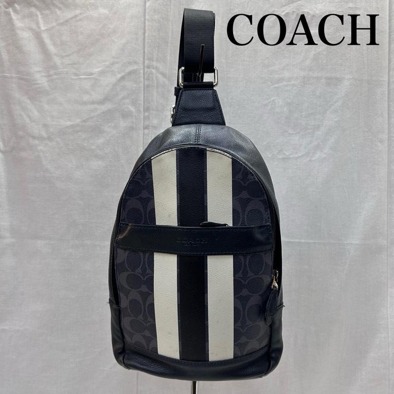 コーチ COACH ボディバッグ ボディバッグ シグネチャー ヴァーシティストライプ レザーバッグ ワンショルダー ボディバッグ ネイビー - 総柄 紺 / ネイビー / navy X 白 / ホワイト / white メンズ USED 古着 中古 50147393