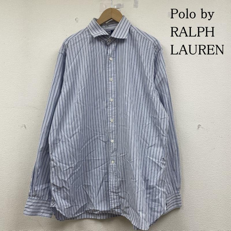 ポロバイラルフローレン Polo by RALPH LAUREN シャツ、ブラウス 長袖 長袖 シャツ ブラウス ストライプ 裾ポニーロゴ 刺繍 ワンポイント サイズ17-36 - ストライプ X ロゴ、文字 X 刺繍 白 / ホワイト / white X 青 / ブルー / blue メンズ USED 古着 中古 50147678