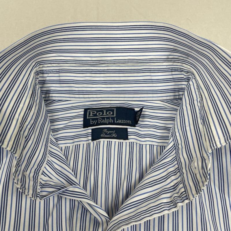 ポロバイラルフローレン Polo by RALPH LAUREN シャツ、ブラウス 長袖 長袖 シャツ ブラウス ストライプ 裾ポニーロゴ 刺繍 ワンポイント サイズ17-36 - ストライプ X ロゴ、文字 X 刺繍 白 / ホワイト / white X 青 / ブルー / blue メンズ USED 古着 中古 50147678