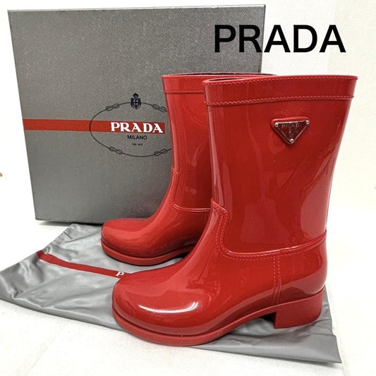 プラダ PRADA 長靴、レインシューズ 長靴、レインシューズ レインブーツ トライアングルロゴ ボルドー サイズ35 22.5センチ - 赤 / レッド / red レディース USED 古着 中古 50147703
