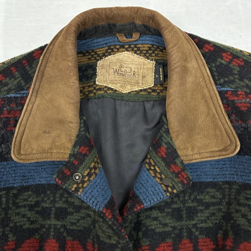 ウールリッチ WOOLRICH ジャケット、上着 ジャンパー、ブルゾン 90s USA製 レザー カラー ネイティブ ボーダー ウール ブランケット コート ジャケット L ネイティブ柄 X ボーダー柄 マルチカラー / マルチカラー / multicolor レディース USED 古着 中古 50147814