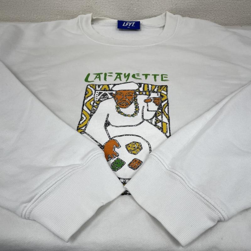 ラファイエット Lafayette トレーナー 長袖 18周年限定 横浜 クルーネックスウェット プリント ダンサーファッション ストリート ヒップホップ ラッパー XL ロゴ、文字 X キャラクター X プリント 白 / ホワイト / white メンズ USED 古着 中古 50147878