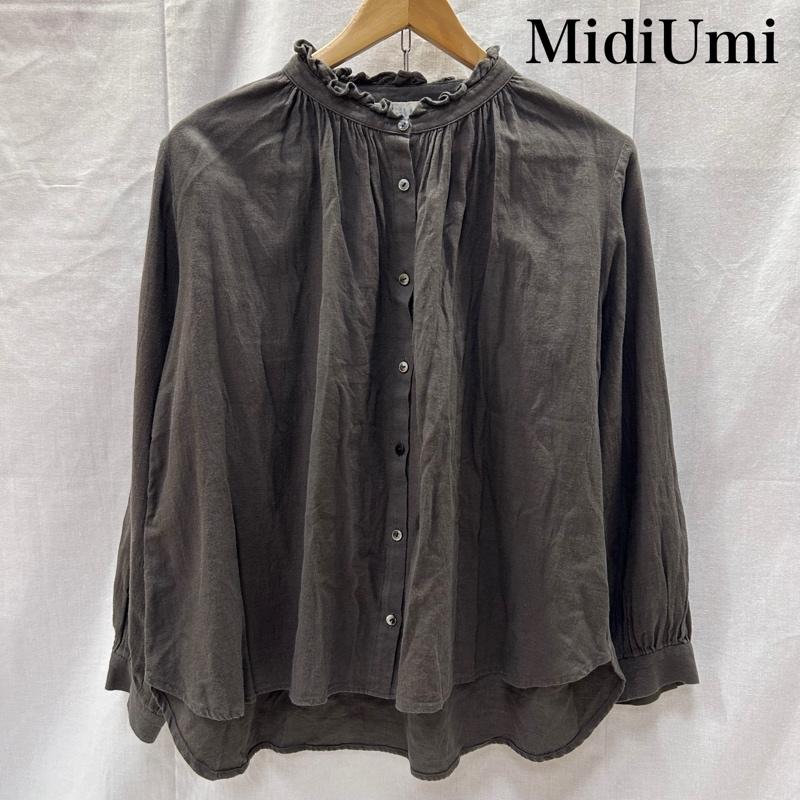 ミディウミ MidiUmi シャツ、ブラウス 長袖 ノーカラーシャツ フリル ギャザーデザイン チャコールグレー シェルボタン - 無地 チャコールグレー / チャコールグレー / レディース USED 古着 中古 50147912