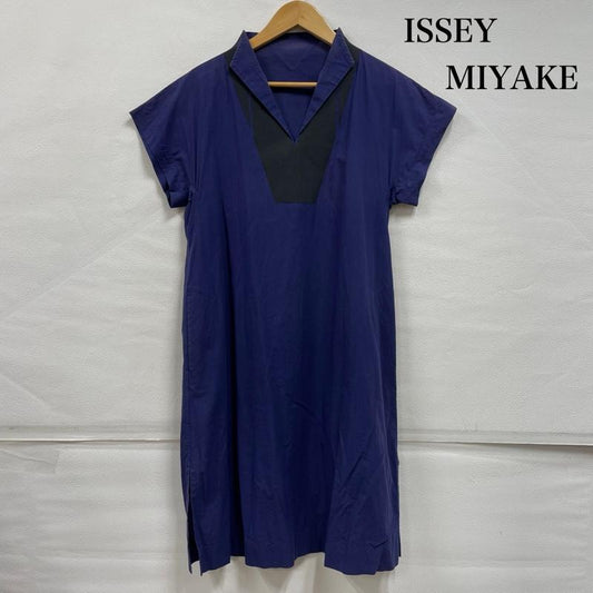 イッセイミヤケ ISSEY MIYAKE ワンピース ひざ丈スカート ツートーン ワンピ ドレス 半袖 コットン 2 紺 / ネイビー / navy X 黒 / ブラック / black レディース USED 古着 中古 50147958