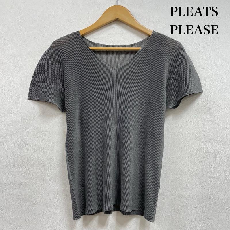 プリーツプリーズ PLEATS PLEASE カットソー 半袖 ISSEY MIYAKE イッセイミヤケ Tシャツ プリーツ Vネック カットソー 3 無地 灰 / グレー / gray レディース USED 古着 中古 50147964