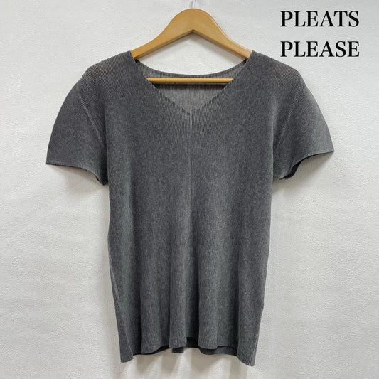 プリーツプリーズ PLEATS PLEASE カットソー 半袖 ISSEY MIYAKE イッセイミヤケ Tシャツ プリーツ Vネック カットソー 3 無地 灰 / グレー / gray レディース USED 古着 中古 50147964