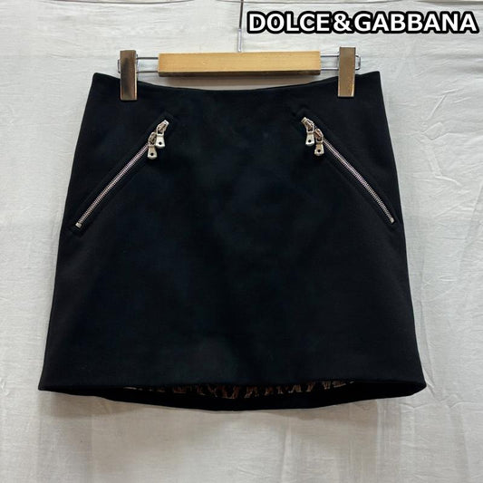 ドルチェアンドガッバーナ DOLCE&GABBANA スカート ミニスカート イタリア製 ジップデザイン ウール 台形 ミニ スカート 裏地レオパード GSK2U UCA4 38 黒 / ブラック / black レディース USED 古着 中古 50148136