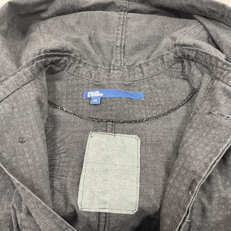 アトリエアンドリペアーズ ATEＬIER＆REPAIRS コート コート一般 コート ロング ジャケット 隠しボタン フーディ― 刺繍 再構築 M  X 刺繍 ダークグレー / ダークグレー / メンズ USED 古着 中古 50148144