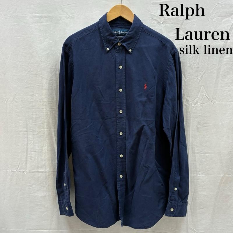 ラルフローレン RALPHLAUREN シャツ、ブラウス 長袖 CLASSIC FIT 90s シルク リネン ポニー 刺繍 ボタンダウン シャツ L ワンポイント X ロゴ、文字 X 刺繍 紺 / ネイビー / navy X 赤 / レッド / red メンズ USED 古着 中古 50148628