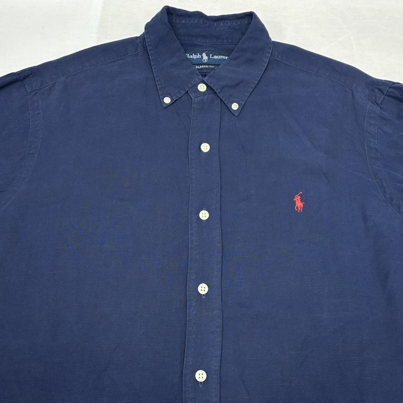 ラルフローレン RALPHLAUREN シャツ、ブラウス 長袖 CLASSIC FIT 90s シルク リネン ポニー 刺繍 ボタンダウン シャツ L ワンポイント X ロゴ、文字 X 刺繍 紺 / ネイビー / navy X 赤 / レッド / red メンズ USED 古着 中古 50148628