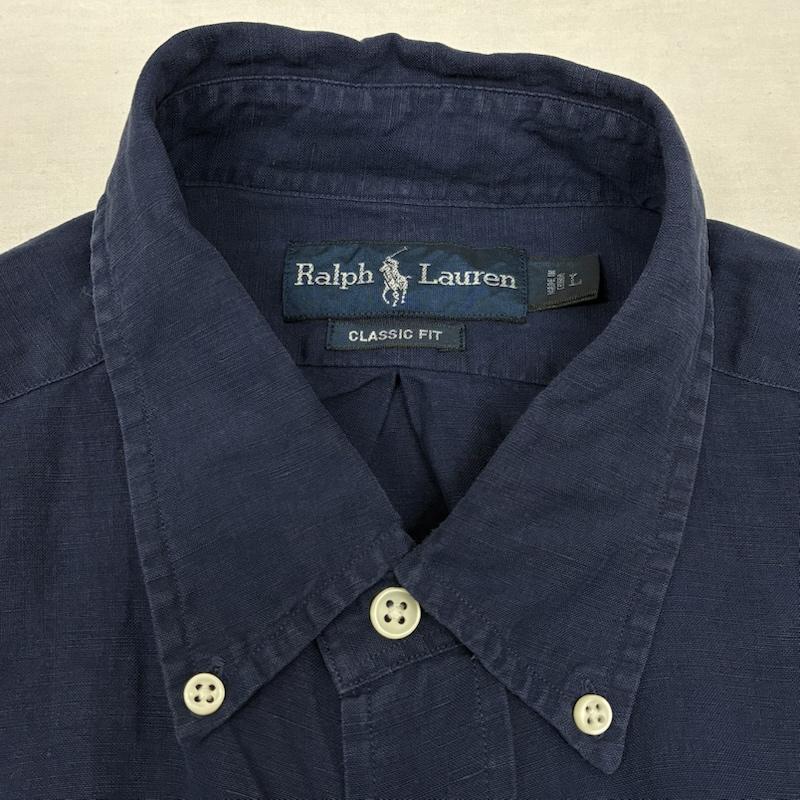 ラルフローレン RALPHLAUREN シャツ、ブラウス 長袖 CLASSIC FIT 90s シルク リネン ポニー 刺繍 ボタンダウン シャツ L ワンポイント X ロゴ、文字 X 刺繍 紺 / ネイビー / navy X 赤 / レッド / red メンズ USED 古着 中古 50148628