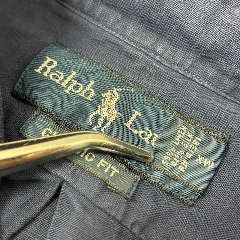 ラルフローレン RALPHLAUREN シャツ、ブラウス 長袖 CLASSIC FIT 90s シルク リネン ポニー 刺繍 ボタンダウン シャツ L ワンポイント X ロゴ、文字 X 刺繍 紺 / ネイビー / navy X 赤 / レッド / red メンズ USED 古着 中古 50148628