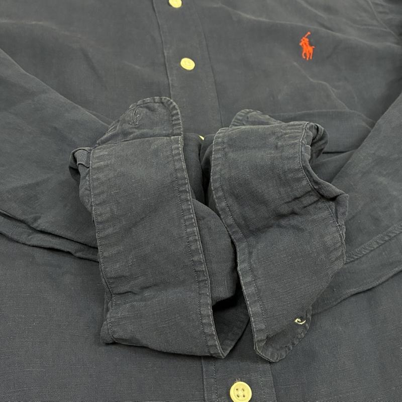 ラルフローレン RALPHLAUREN シャツ、ブラウス 長袖 CLASSIC FIT 90s シルク リネン ポニー 刺繍 ボタンダウン シャツ L ワンポイント X ロゴ、文字 X 刺繍 紺 / ネイビー / navy X 赤 / レッド / red メンズ USED 古着 中古 50148628