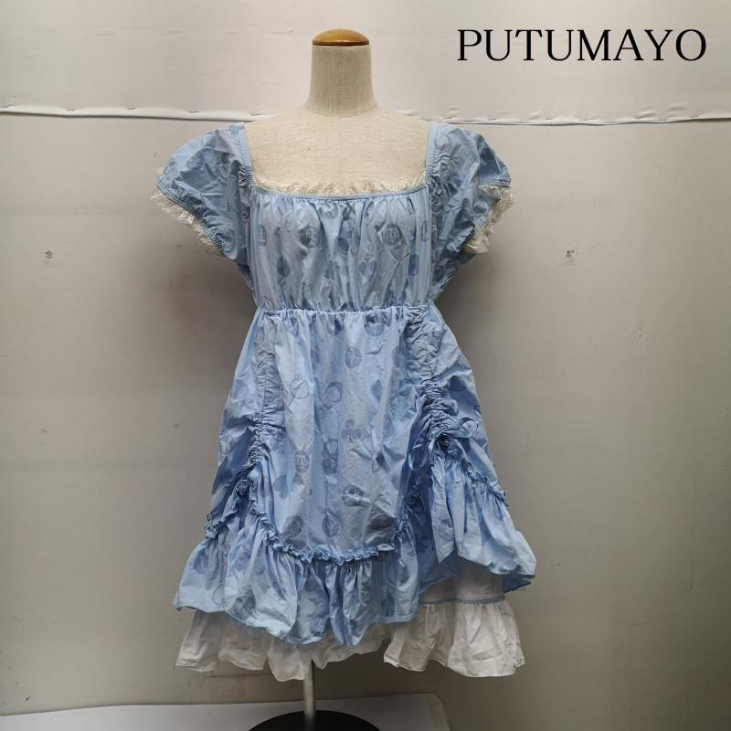 プトマヨ PUTUMAYO ワンピース ひざ丈スカート モノグラム チェス クラウン サックス シャーリング 総柄 水色 / ライトブルー / レディース USED 古着 中古 50148634