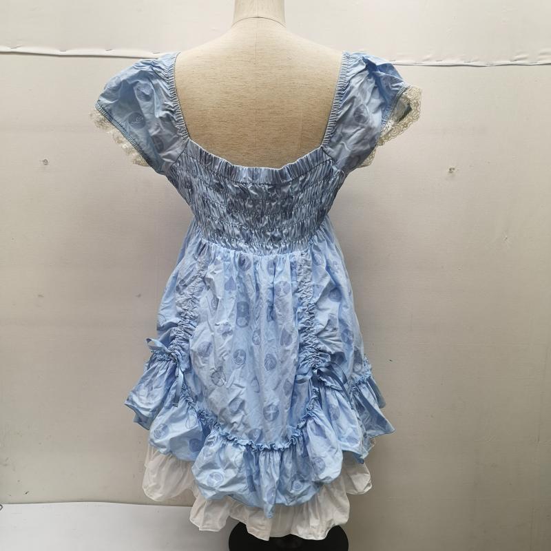 プトマヨ PUTUMAYO ワンピース ひざ丈スカート モノグラム チェス クラウン サックス シャーリング 総柄 水色 / ライトブルー / レディース USED 古着 中古 50148634