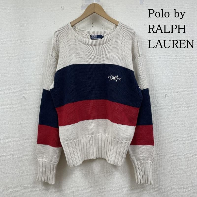 ポロバイラルフローレン Polo by RALPH LAUREN ニット、セーター 長袖 コットンニット クルーネック セーター 長袖 ボーダーライン ロゴ 刺繍入り L ロゴ、文字 X 刺繍 白 / ホワイト / white X 赤 / レッド / red X 紺 / ネイビー / navy メンズ USED 古着 中古 50148636