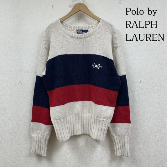 ポロバイラルフローレン Polo by RALPH LAUREN ニット、セーター 長袖 コットンニット クルーネック セーター 長袖 ボーダーライン ロゴ 刺繍入り L ロゴ、文字 X 刺繍 白 / ホワイト / white X 赤 / レッド / red X 紺 / ネイビー / navy メンズ USED 古着 中古 50148636