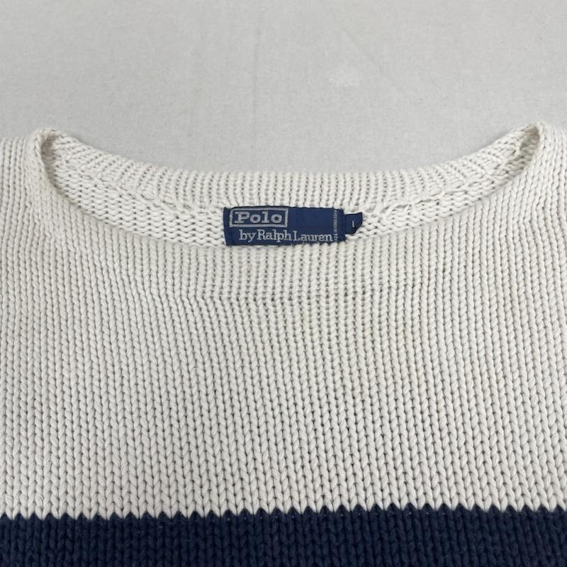 ポロバイラルフローレン Polo by RALPH LAUREN ニット、セーター 長袖 コットンニット クルーネック セーター 長袖 ボーダーライン ロゴ 刺繍入り L ロゴ、文字 X 刺繍 白 / ホワイト / white X 赤 / レッド / red X 紺 / ネイビー / navy メンズ USED 古着 中古 50148636