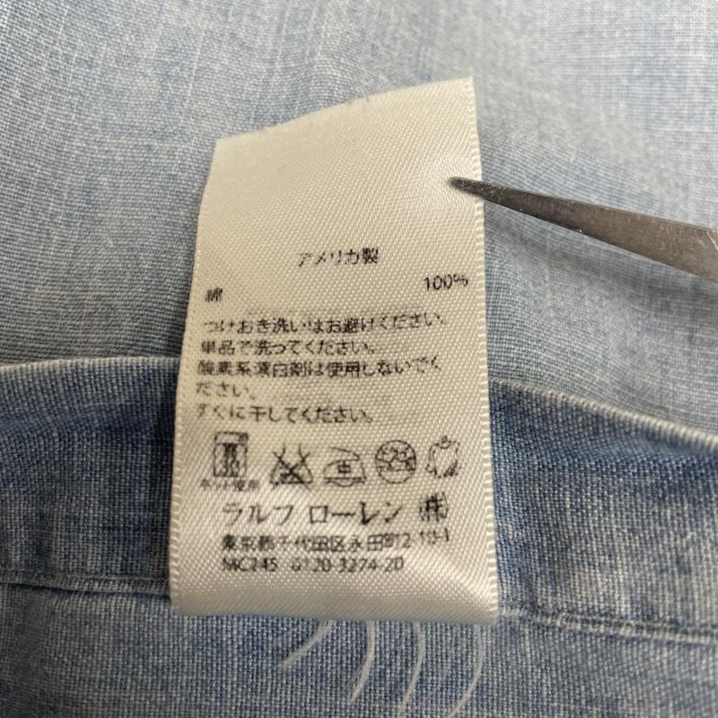 ポロラルフローレン POLO RALPH LAUREN シャツ、ブラウス 長袖 USA製 シャンブレー 長袖 ボタンダウン デニム シャツ 裾ポニーロゴ 刺繍 サイズ15 1/2 - ロゴ、文字 X 刺繍 インディゴ / インディゴ / Indigo メンズ USED 古着 中古 50148769