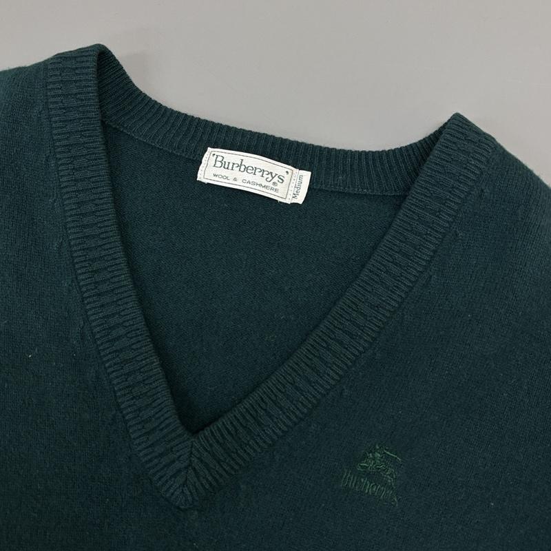 バーバリーズ BURBERRYS ニット、セーター 長袖 90年代 ビンテージ C-TK83 カシミヤブレンド ウール Vネック ニット セーター 90s VINTAGE M 緑 / グリーン / green メンズ USED 古着 中古 50148869