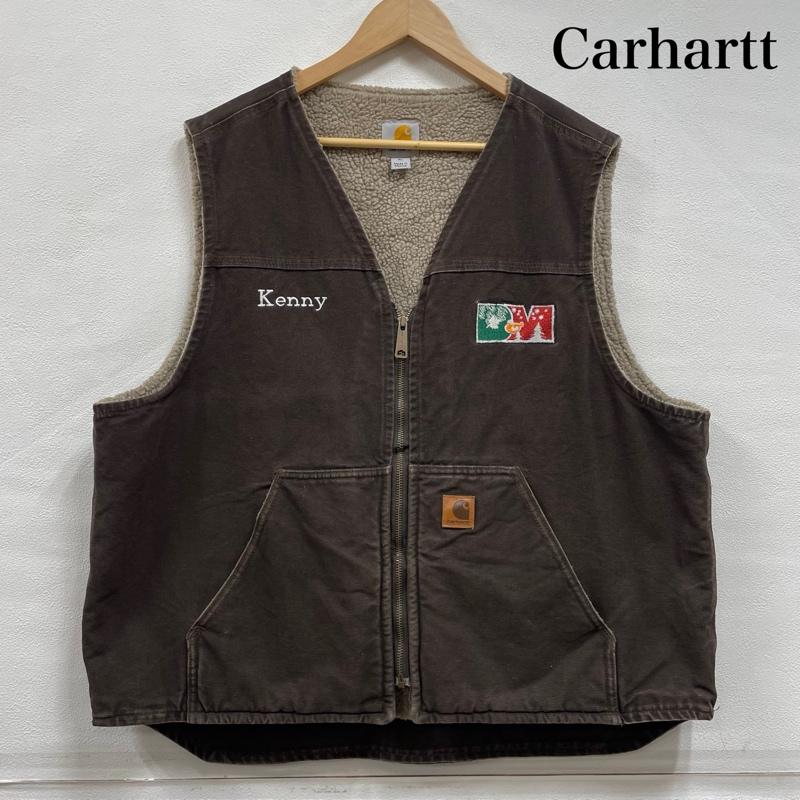 カーハート Carhartt ベスト ベスト ダックベスト ジップアップ ジャケット ボア 刺繍 ロゴ レザー パッチ メキシコ製 XL ロゴ、文字 X 刺繍 茶 / ブラウン / brown X マルチカラー / マルチカラー / multicolor メンズ USED 古着 中古 50148870
