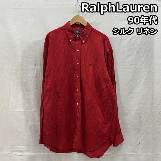 ラルフローレン RALPHLAUREN シャツ、ブラウス 長袖 90年代 ビンテージ 中国製 BLAKE シルク リネン ボタンダウン シャツ 90s VINTAGE L 赤 / レッド / red メンズ USED 古着 中古 50149692