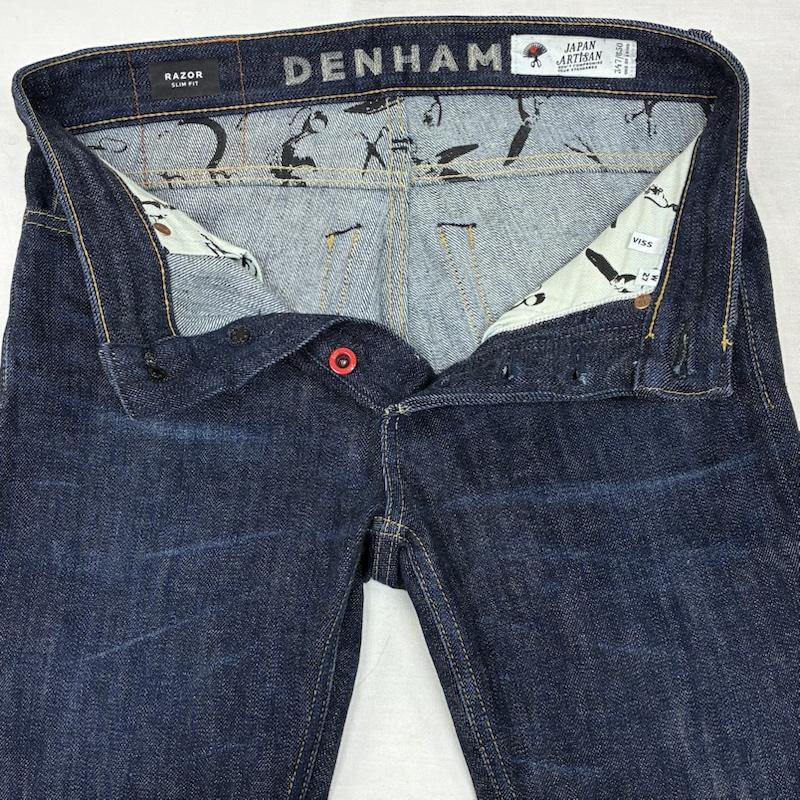 デンハム DENHAM パンツ デニム、ジーンズ JAPAN ARTISAN 650本限定 RAZOR SLIM FIT セルビッチ ボタンフライ デニムパンツ 27インチ ワンポイント X ロゴ、文字 インディゴ / インディゴ / Indigo メンズ USED 古着 中古 50149818