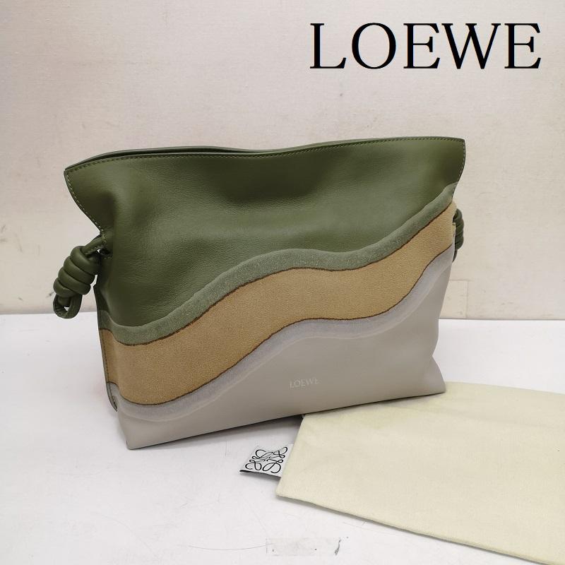 ロエベ LOEWE ショルダーバッグ ショルダーバッグ フラメンコ サープラス 2way クラッチ ショルダー レザー 巾着 バッグ - 灰 / グレー / gray X 緑 / グリーン / green X ベージュ / ベージュ / beige レディース USED 古着 中古 50150013