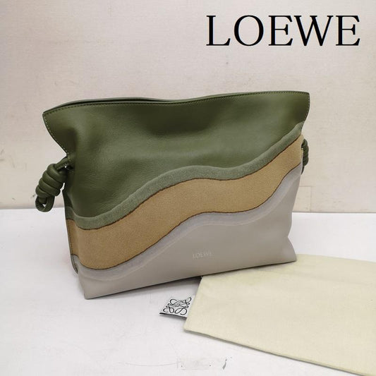 ロエベ LOEWE ショルダーバッグ ショルダーバッグ フラメンコ サープラス 2way クラッチ ショルダー レザー 巾着 バッグ - 灰 / グレー / gray X 緑 / グリーン / green X ベージュ / ベージュ / beige レディース USED 古着 中古 50150013